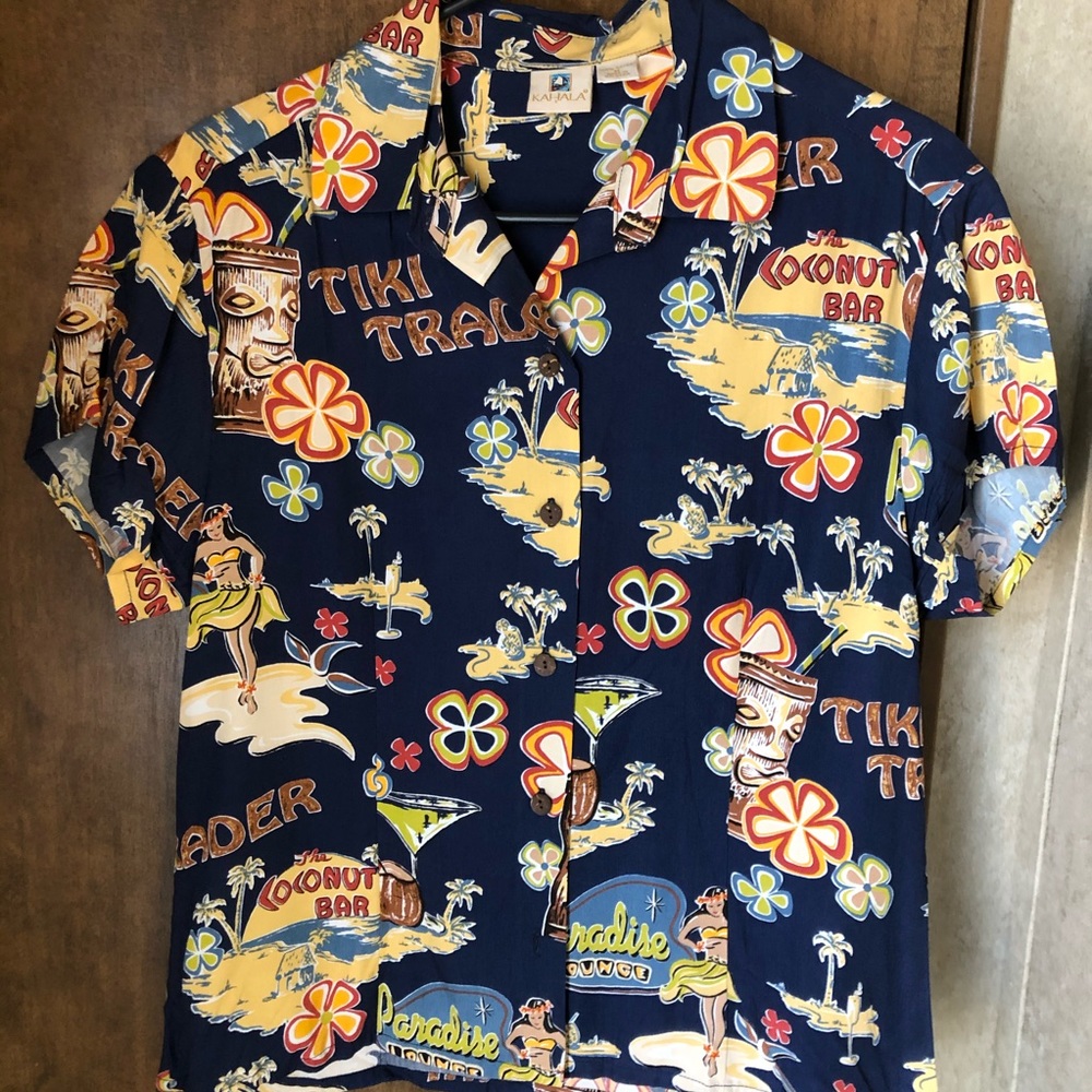 VTG KAHALA Collectible Tiki Trade Hula Palm Hawaiian 100% Rayon Shirt Med
